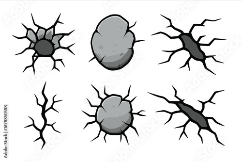 Set of cartoon cracks and holes. Vector illustration of a broken ground, wall, or surface. Damage, destruction, and earthquake effect. Shattered texture and fracture element.