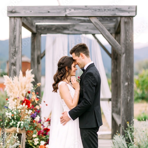 Couple embracing under wooden archway at wedding ceremony