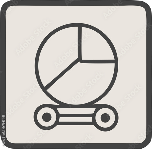 Simple line art icon of a pie chart on a cartwheel base for data visualization and analytics