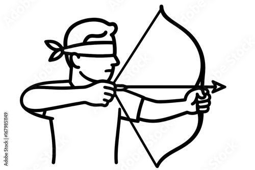 Blindfolded archer aiming with bow and arrow. Concept of trust, intuition, faith, risk, and focus. Metaphor for business strategy, uncertainty, and precision. Vector line art.