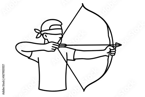 Blindfolded archer aiming with bow and arrow. Concept of trust, faith, intuition, risk, and focus. Metaphor for business goal. Minimal line art vector illustration.