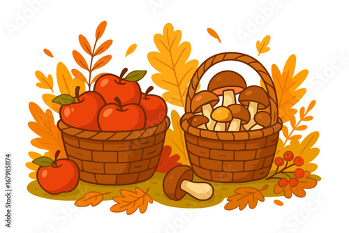 Autumn harvest concept with wicker baskets of red apples and forest mushrooms. Seasonal vector illustration with fall leaves. Cartoon design for farm market or thanksgiving.