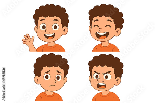 Young boy character design set with diverse facial expressions. Cute cartoon kid showing emotions: happy, laughing, sad, and angry. Vector illustration for avatar or mascot.