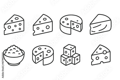 Cheese icon set. Dairy food vector line icons. Outline collection for culinary design. Swiss, cheddar, parmesan cheese wheel, slice and cubes. Milk product pictogram.