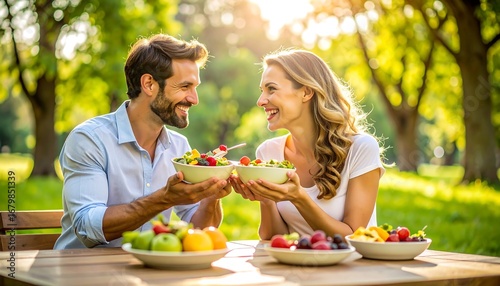 Couple enjoying a fruit salad outdoors