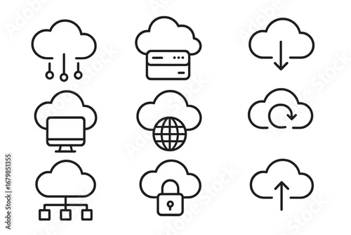 Cloud computing line icon set. Network technology, data storage server, database & web hosting outline icons. Upload, download, sync & security symbol. Vector illustration.