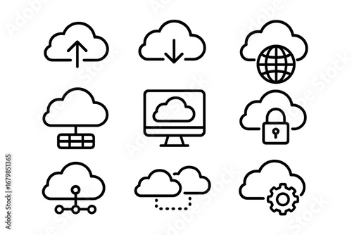 Cloud computing line icon set. Technology concept for data storage, server, network, hosting, security. Vector symbols for web and app. Upload, download, sync, protection.