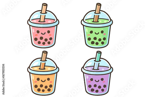 Set of cute kawaii bubble tea characters. Colorful boba drinks collection. Vector illustration of pearl milk tea with tapioca balls. Asian beverage cartoon mascot design.