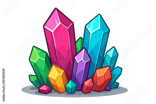 Colorful crystal cluster, vibrant gemstones collection. Magic mineral rocks, fantasy game asset. Bright precious stones, shiny jewel facets. Cartoon vector illustration isolated.