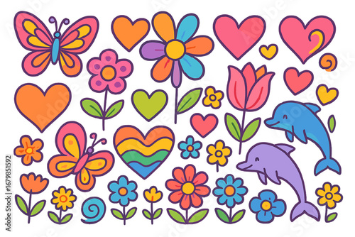 Groovy retro 70s sticker pack with cute cartoon doodles. Set includes hearts, flowers, butterfly, dolphin, LGBTQ pride rainbow. Hippie summer clipart vector illustration.