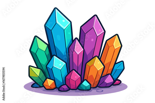 Colorful crystal gem collection. Vector cartoon illustration of magical precious stones. Shiny mineral jewel cluster for fantasy games or spiritual healing concept design element.