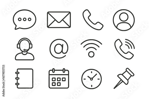 Communication and office outline icon set. Contact methods, messaging, and schedule symbols. Business support, web interface, and mobile app linear pictogram collection.