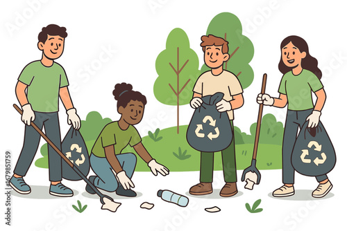 Community volunteers at a park cleanup event. People collecting trash for recycling. Concept of environmental awareness, sustainability, and social responsibility. Vector cartoon.