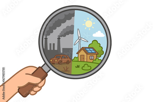 Concept of choice between pollution and clean energy. Magnifying glass compares industrial factory emissions with a sustainable eco house with solar panels and wind turbines.