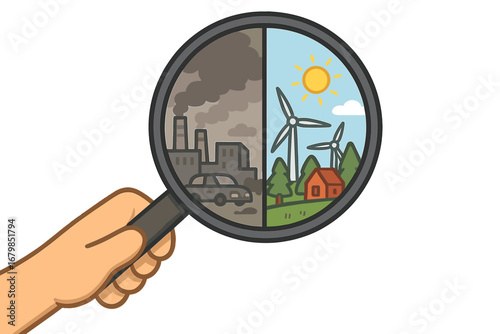 Environmental choice concept. Magnifying glass shows contrast between polluted industrial city and clean nature with wind turbines. Sustainability versus pollution. Ecology vector.