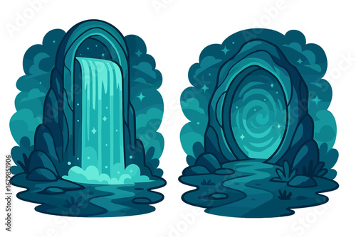 Magic portal and fantasy waterfall. Mystical gateway in a surreal night landscape. Concept of another dimension, adventure, and discovery. Cartoon vector illustration for gaming.