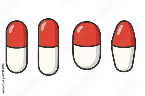 A set of red and white pharmaceutical capsules. Vector icons of pills, drugs, and medication. Different shapes and forms for healthcare, medicine, and vitamins concepts.