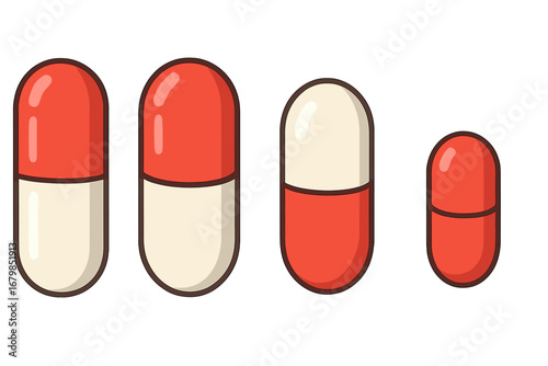 Set of medical capsules. Pill icon collection for pharmaceutical design. Medicine and drug variations for healthcare and treatment. Vector cartoon illustration of different dosages.