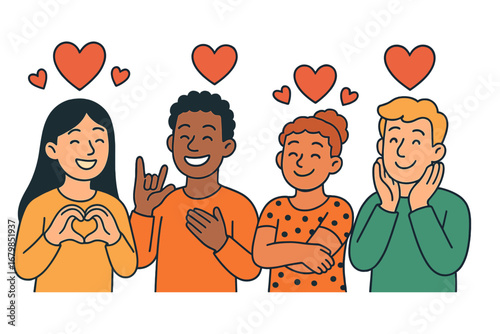 Diverse people expressing love with gestures. Man shows I Love You in sign language, woman makes heart with hands. Concept of unity, friendship, appreciation, kindness, emotion.