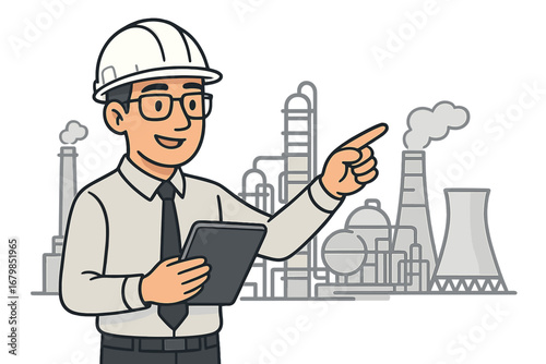 Engineer with tablet at industrial plant. Inspector checks production. Factory manager concept for manufacturing, technology, and energy industry. Vector cartoon illustration.