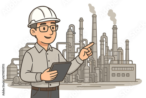 Engineer with tablet at industrial plant. Man in hard hat inspecting factory. Vector cartoon character. Concept for manufacturing, production, technology, quality control, safety.