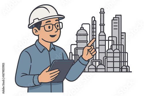 Engineer with tablet inspects industrial plant. Factory worker manager at refinery. Oil gas energy production. Power plant operations control. Vector cartoon illustration concept.