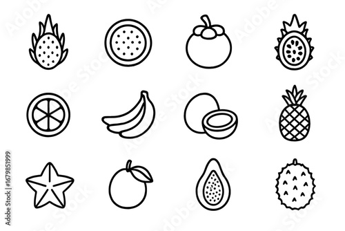 Exotic fruit outline icon set. Tropical linear icons collection. Dragon fruit, passion fruit, papaya, coconut, pineapple, banana. Fresh healthy vegan food vector symbols.