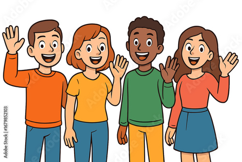 Group of diverse friends waving hello. Happy multicultural people with greeting gesture. Cheerful young men and women team smiling. Cartoon vector for community and teamwork concept.