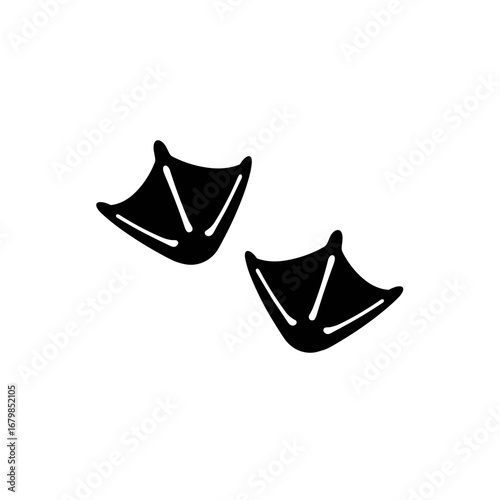 Two duck paw prints in black silhouette for pet product designs, pet shop or veterinary clinic and other animal footprints designs