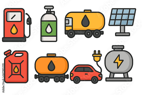 Energy and fuel vector icon set. Gas station pump, oil tanker truck, solar panel, electric car charging. Petroleum transport, canister, and electricity storage tank illustration.