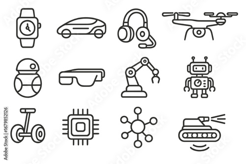 Futuristic technology outline icon set. Gadgets, devices, and innovations icons collection. Vector illustration of a smart car, robot, drone, AI, and smart glasses.