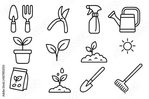 Gardening tools and plant care outline icon set. Vector collection of agriculture and horticulture symbols for cultivation, planting, watering and growth essentials.