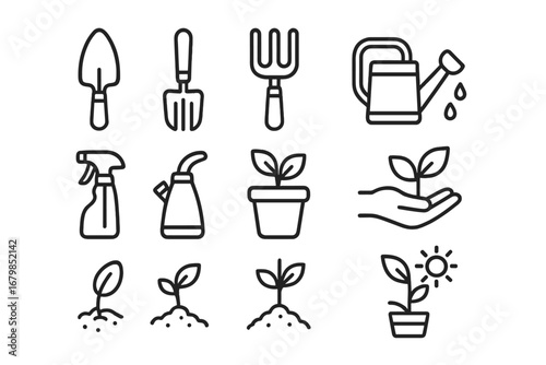 Gardening tools and plant care outline icon set. Vector line icons for cultivation, watering, and plant growth. Agricultural and horticultural symbols for planting seedlings.