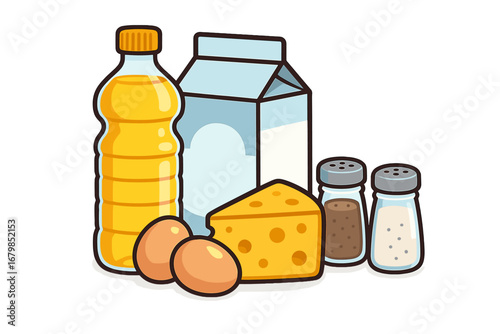 Collection of essential food ingredients for cooking. Dairy products, eggs, oil, salt and pepper. Flat design cartoon vector illustration of groceries isolated on white background.