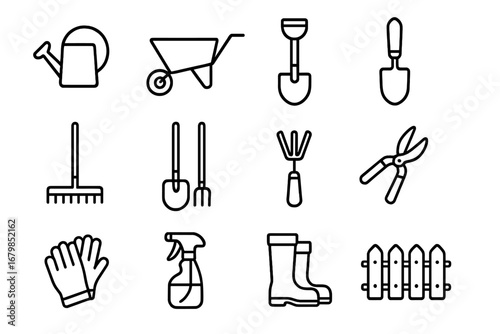Gardening tools line icon set. Essential garden and farm equipment collection. Vector linear style icons for agriculture and horticulture. Shovel, rake, boots, gloves.