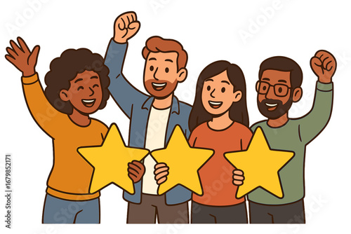 Happy customers giving five star rating. Positive feedback, client satisfaction, quality service concept. Diverse team celebrating victory and achievement. Cartoon vector characters.