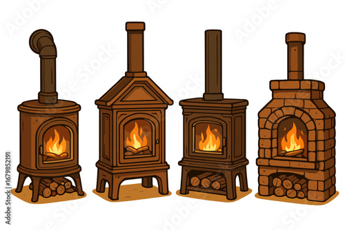 Set of wood burning stoves vector illustration. Collection of various fireplaces, classic cast iron, rustic brick, and modern designs. Cozy home heating element. Flame and firewood.
