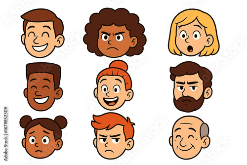 Diverse cartoon faces collection. Vector character head set with various emotions and hairstyles for animation or avatar design. Man, woman, child and senior people expressions.