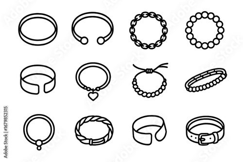 Jewelry icon set. Bracelet and accessories outline collection for fashion design. Vector line art illustration of bangles, cuffs, chains, and charm bracelets for designers.