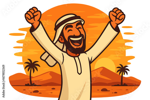 Happy Arab man in traditional clothes celebrating success. Joyful Muslim character expressing victory in desert at sunset. Winner with hands up. Vector cartoon illustration.