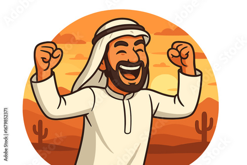 Happy Arab man in traditional keffiyeh celebrating success. Muslim character expressing joy and victory. Saudi businessman achievement concept. Cartoon vector icon illustration.