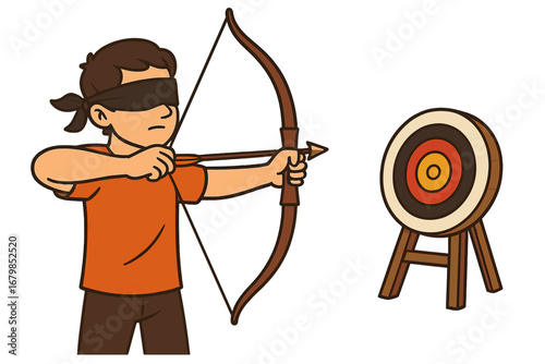 Blindfolded archer aiming at target. Metaphor for business risk, trust, intuition, faith, and uncertainty. Concept of aiming for a goal without a clear vision. Vector illustration.
