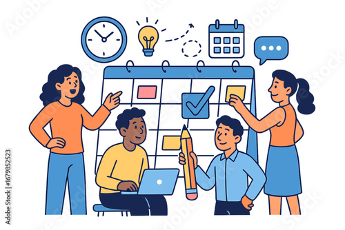 Collaborative planning and time management activities with diverse team scheduling, organizing tasks, teamwork, creative ideas, and productivity in a business environment, vector cartoon illustration