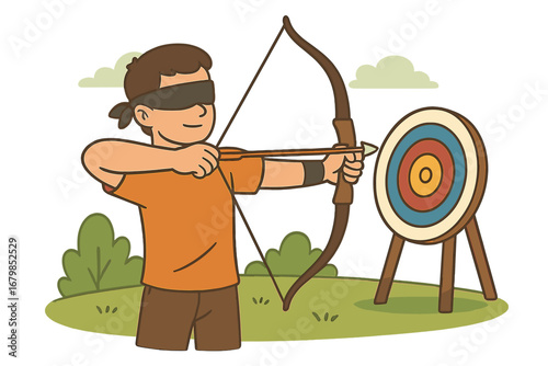 Blindfolded archer aiming for target. Metaphor for trust, focus, and intuition. Concept of facing challenges, risk, and achieving goals blindly. Vector illustration for skill.