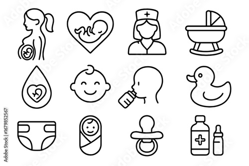 Pregnancy and Baby Care Line Icon Set, Maternity and Newborn Healthcare Icons, Vector Cartoon Illustration with Transparent Background, Motherhood and Infant Care Symbols