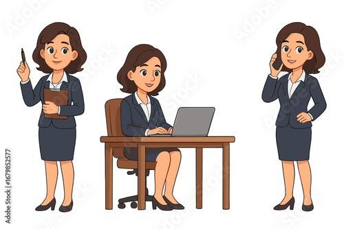Professional businesswoman in office attire performing diverse tasks with confidence, working at desk and on phone, business character vector illustration in a seamless transparent background set