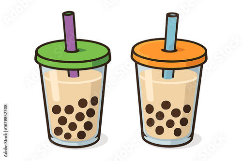 Colorful bubble tea cups with vibrant lids and straws, two illustrated drinks with tapioca pearls, cartoon vector of delicious milk tea beverages on transparent background