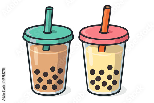 Two colorful bubble tea cups with straws and tapioca pearls, cartoon vector illustration on transparent background, refreshing cold drinks, vibrant Asian beverage concept