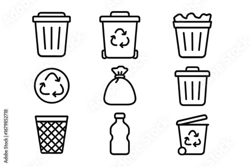 Trash and recycling line icon set, waste management symbols, bin icons collection, vector cartoon illustration with transparent background, organized set for environmental and disposal themes