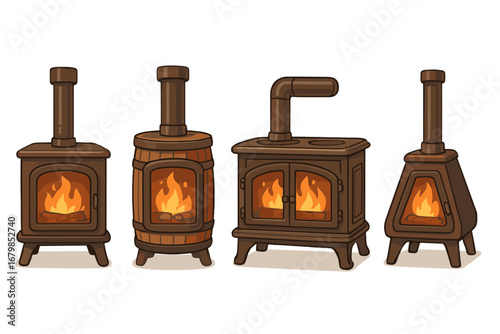 Unique wood-burning stoves showcasing traditional craftsmanship in a cozy and warm setting, vector cartoon illustration with transparent background, ordered set of 4 rustic heater designs